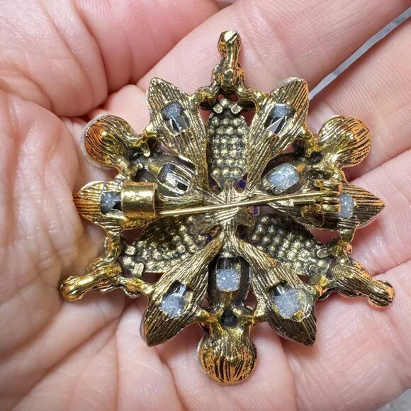 Floral Snowflake Rhinestone Statement Brooch Vintage Blue Pin 2” - Picture 3 of 8